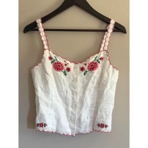 J.Crew Embroidered Tank Top Linen Camisole 2 White Floral Cottagecore Scalloped